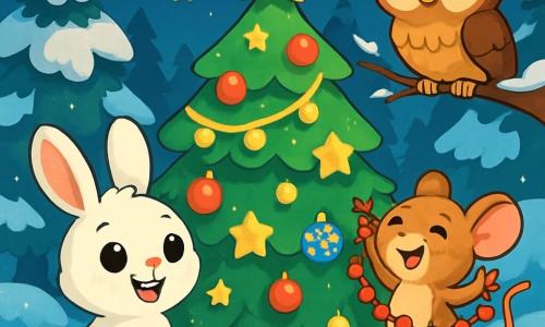 In the center of the image, a small rabbit named Oliver, with soft snow-white fur, displays a wide, amazed smile. His bright, round eyes, like marbles, reflect the magic of Christmas as he admires a majestic decorated tree. To his right, Squeaky, a small brown mouse with large ears, jumps for joy, his eyes sparkling with excitement. He holds a small garland of red berries that he is about to hang on the tree. In the background, Hoot, a wise owl with brown feathers and large golden eyes, perches on a branch, observing the scene with a benevolent expression. The setting is an enchanted forest, covered in a thick layer of shimmering snow, with majestic fir trees laden with snow. Stars twinkle in a deep night sky, adding a magical atmosphere. The scene represents the magical moment when the animals gather around the tree to celebrate the Grand Lighting tradition, illuminating the night with laughter and colorful decorations.