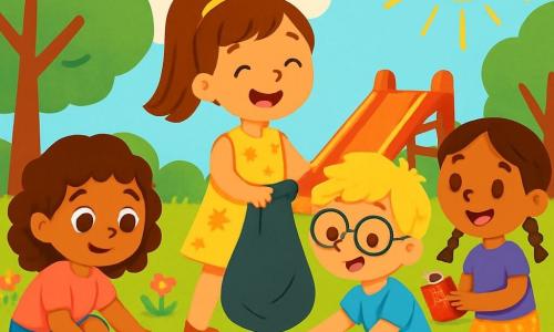 There are 4 children: - Lily: a 7-year-old girl with big brown eyes and curly hair. She wears a pink t-shirt and denim shorts. She is crouching, picking up a piece of paper. - Mia: a 7-year-old girl with a big smile and straight hair tied in a ponytail. She wears a yellow flowered dress. She is standing, holding a trash bag. - Sam: a 6-year-old boy with messy blonde hair and glasses. He wears a blue t-shirt and green pants. He is picking up a plastic bottle. - Zoe: a 6-year-old girl with brown hair in braids. She wears a purple t-shirt and polka dot shorts. She is standing, picking up a can. The location is a sunny playground surrounded by green trees and colorful flowers. The ground is covered with scattered toys and litter, but the children are working together to clean it up. The main scene shows the children enthusiastically picking up trash. They are smiling, singing, and passing items to put in the bag. The atmosphere is joyful and energetic, with sunlight illuminating the scene.