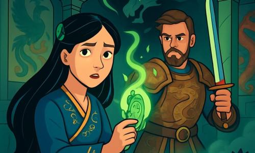 A young woman, Lin Yue, stands at the edge of a dark well, her eyes shining with determination and fear. She has long, silky black hair adorned with a jade comb and wears a deep blue silk dress embroidered with golden patterns. Her hands tremble slightly as she holds a jade talisman glowing with a green light. Next to her, a man, General Xu, around 30 years old, stands in a defensive position, his gaze intense and protective. He is dressed in bronze armor decorated with dragons, and his sword is raised, ready to face danger. He stands slightly back, observing the shadows dancing around them. The setting is an ancient chamber with walls adorned with frescoes of dragons and phoenixes, marble columns, and a vaulted ceiling. In the center, a gaping well, black as ink, emits a cold, mysterious mist, while black lotuses wilt around it. The main situation shows Lin Yue, determined to confront the dragon emerging from the shadows, as flashes of green magic illuminate the room, creating a tense and magical atmosphere.