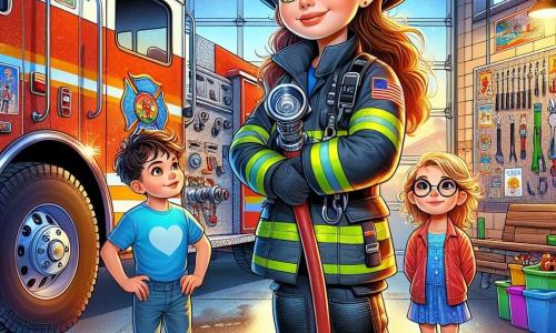 Valeria, una valiente bombera, se encuentra en el centro de la imagen, sonriendo y decidida, con su casco brillante y su chaqueta roja. Sus cabellos castaños están recogidos en una coleta, y sostiene una manguera de incendios, lista para actuar. A su lado, Diego, un niño de diez años con cabello rizado y ojos brillantes, observa con admiración, con las manos en las caderas, vestido con una camiseta azul y un short. Carla, una niña de nueve años con cabello rubio y gafas redondas, se encuentra un poco más atrás, con los ojos muy abiertos, fascinada por el equipo de rescate. 

La escena tiene lugar en una colorida estación de bomberos, con un gran camión rojo aparcado al fondo, herramientas de rescate colgadas en las paredes y carteles de seguridad exhibidos alrededor. El suelo es de cemento, y una luz brillante ilumina el espacio, creando una atmósfera dinámica y alegre. 

La situación principal muestra a Valeria explicando a los niños la importancia de la seguridad contra incendios, mientras les enseña cómo usar una manguera. Los niños, cautivados, escuchan atentamente, listos para aprender y convertirse en futuros héroes de su comunidad.