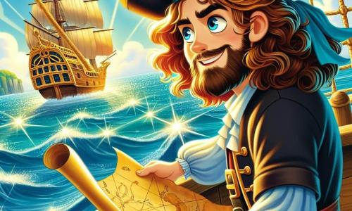 Główny bohater, mężczyzna o imieniu Jack Wilkins, jest odważnym piratem w wieku około trzydziestu lat, z długimi kręconymi włosami i niebieskimi oczami jak ocean. Stoi na pokładzie swojego statku "Czarny Drapieżca", z determinowanym uśmiechem na twarzy, trzymając mapę skarbu w jednej ręce i wskazując horyzont drugą, gotowy do przygody. Obok niego stoi Sam "Skrzydlaty" O'Malley, jego wierny pierwszy oficer, mężczyzna w wieku około trzydziestu lat z rudą brodą i figlarnymi oczami. Uważnie bada mapę, pochylony do przodu, z wyrazem ekscytacji zmieszaną z niepokojem, gotowy słuchać wskazówek Jacka. Tło to lśniący ocean pod jasnoniebieskim niebem, z łagodnymi falami rozbijającymi się o statek. W tle tajemniczy i majestatyczny złoty statek, legendarny okręt piratów, wyłania się na horyzoncie, oświetlony słońcem, tworząc atmosferę przygody i tajemniczości. Sytuacja pokazuje Jacka i Sama, gotowych do rozpoczęcia ekscytującej wyprawy w poszukiwaniu ukrytego skarbu, z wiatrem w żaglach i wyczuwalnym podekscytowaniem w powietrzu, symbolizując początek wielkiej przygody na morzu.
