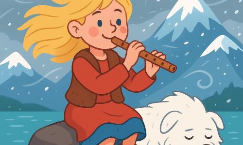 Freyja, uma jovem com cabelos loiros como palha e olhos azul glaciar, está em uma grande rocha à beira de um fiorde. Ela sorri com determinação, as bochechas rosadas pelo frio, e toca flauta de madeira, seus dedos finos dançando sobre os buracos do instrumento. Ao seu lado, um grande cão de pelos espessos e brancos como a neve está deitado, com os olhos fechados, ouvindo a melodia com um ar pacífico. Ao fundo, majestosas montanhas cobertas de neve cintilante se erguem sob um céu cinza, enquanto o Vento do Norte sopra, criando redemoinhos de neve no ar. A cena transmite uma atmosfera de magia e serenidade, onde a música de Freyja parece acalmar o poderoso vento ao seu redor.