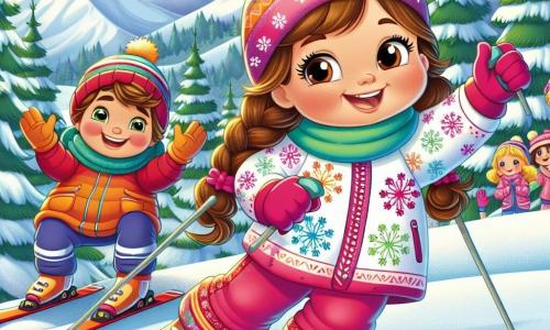 Uma menina de 6 anos, Clara, com longos cabelos castanhos e bochechas rosadas, esboça um grande sorriso enquanto esquia em uma pista coberta de neve. Ela usa uma roupa de esqui colorida, com padrões de flocos de neve, e seus olhos brilham de excitação. Ao seu lado, sua melhor amiga Lúcia, também de 6 anos, com cabelos loiros trançados e um gorro vermelho, a incentiva levantando os braços, cheia de energia. Ao fundo, um grupo de crianças, incluindo um menino chamado Pedro, com cabelos castanhos e um sorriso radiante, aplaude Clara enquanto segura bastões de esqui. O cenário é uma linda montanha coberta de neve cintilante, com pinheiros verdes e um céu azul brilhante. A cena principal mostra Clara superando suas dúvidas e se divertindo com seus amigos em uma corrida de esqui, repleta de alegria e amizade.