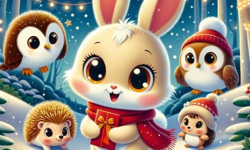 In the center of the image, Benny the little bunny, with soft, fluffy cream-colored fur and bright round eyes, expresses great excitement while holding a red letter in his small paws. He is surrounded by gently falling snowflakes, adding a magical touch to the scene. To his right, Tilly the hedgehog, with her golden spikes and a small red woolen hat, is joyfully bouncing in place, eager to start the adventure. On the left, Max the owl, with his brown feathers and large round glasses, looks wise, his eyes sparkling with enthusiasm, ready to guide them to the North Pole. The setting is an enchanted forest, where the trees are covered in shimmering snow and light garlands, creating a fairy-tale atmosphere. In the background, bright stars can be seen in a night sky, enhancing the magic of the scene. The main situation shows Benny and his friends preparing to embark on an adventure, with a palpable sense of excitement in the air, ready to help Lily the mouse find her friend Twinkle.