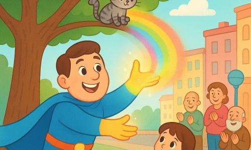 A tall, heroic man with a kind smile and star-bright eyes wears a shiny blue cape, large red boots, and emits soft rainbow light from his hands as he reaches to catch a kitten. A five-year-old girl with brown pigtails in a yellow polka-dot dress stands by a bench at the base of the tree with open arms, watching in wonder. A cute, frightened-but-calm gray tabby kitten perches on a high branch, tail twitching. Warmly smiling townspeople applaud from the sidewalk. A large leafy tree dominates a colorful street of pastel façades, round lampposts and soft clouds in a clear blue sky. The scene shows the hero rescuing the kitten in enveloping rainbow light, joyful atmosphere, bright colors, simple shapes, crisp outlines, childlike warm style.