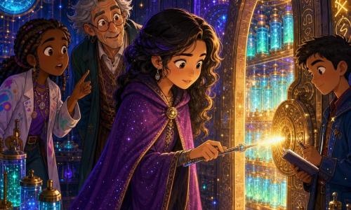 De protagonist is een vrouw, Eira, met een zacht geconcentreerd gezicht, glanzende nieuwsgierige ogen en een verlegen glimlach; ze draagt een lange paarse glinsterende cape en houdt in haar rechterhand een lange toverstaf van zilverachtig licht waarmee ze op een oude slot drukt; een gouden gloed schiet eruit en verlicht haar verwonderde gezicht. Een mannelijke professor van ongeveer 60 jaar, warrig grijs haar en ronde bril, kijkt welwillend en staat licht voorovergebogen achter Eira met zijn hand opgeheven alsof hij uitlegt. Een meisje van ongeveer 12 jaar met gevlochten haar en een kleurrijke laboratoriumjas kijkt met open mond en wijst naar een rij lichtgevende buizen links van Eira. Een jongen van ongeveer 14 jaar met kort haar en een blauwe jas maakt aantekeningen in een klein schriftje en staat rechts bij een tafel vol glinsterende flesjes. De plek is een oud geheim laboratorium onder een sterrenheuvel: gepolijste metalen muren bedekt met gravures die fonkelen, rijen glazen buizen met blauwgroene fosforiserende vloeistoffen, gouden kabels en kleine ronde schermen die sterrenbeelden projecteren. De hoofdscène toont het magische ogenblik waarop een deur opengaat en rijen lichtgevende buizen onthult; de sfeer is warm en mysterieus met neonpaars, turkoois en goud en sterrenduis die in de lucht zweeft. Visuele stijl: 2D cartoon, scherpe lijnen, felle contrasterende kleuren, glanzende lichttexturen en leesbare, vriendelijke gelaatsuitdrukkingen.