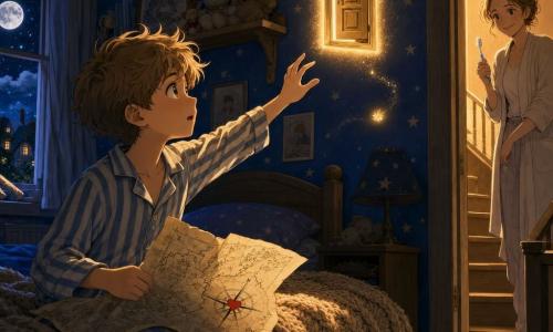 Een 10‑jarige jongen, ontroerd en nieuwsgierig, met warrig kastanjebruin haar en gestreepte pyjama, zit op de rand van zijn bed en reikt naar een kleine lichtdeurtje dat boven zijn deken zweeft; op zijn knieën een verkreukelde papieren kaart met fijne lijnen en een klein rood hart op het kompas. Onderaan de trap verschijnt een vrouw van ongeveer 35 jaar, zachte silhouet, haar opgeschoren, glimlachend en roepend, een tandenborstel in haar rechterhand, in de deuropening iets terughoudend. Een minuscule gouden lichtdeeltje zweeft nabij de deur. Kinderkamer bij schemering: nachtblauwe muren met geschilderde sterren, open raam met een heldere maan, beige gebreide deken, knuffels op een plank, nachtlampje uit om het deurtje te laten stralen. Moment bevroren en magisch — de jongen aarzelt maar strekt voorzichtig zijn hand naar de deur; tedere, lichte en licht mysterieuze sfeer, zachte contrasten tussen schaduw en gouden halo. Grafische stijl: fijne manga‑lijnen, expressieve gezichten, warme kleuren met diepe blauwtinten en gouden geel, zichtbare stoftexturen en zacht, dramatisch licht.