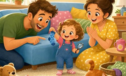 A joyful, focused 2-year-old girl with short light-brown curly hair and rosy cheeks smiles as she discovers a small blue slipper in her hands; her mother (30–35, hair in a bun, yellow polka-dot dress) crouches to the right clapping gently with a warm look, and her father (30–35, stubble, green t-shirt) stands to the left bowing playfully and pointing at the found slipper; a ginger cat lies near a basket blinking and wagging its tail. Bright living room with a cream rug, light-blue sofa, colorful cushions, light-wood table and scattered toys, soft light from a large window. Main scene: little detective finds the blue slipper under the sofa edge, tender gestures, warm playful atmosphere, vivid colors, simple textures and rounded shapes suitable for toddlers.