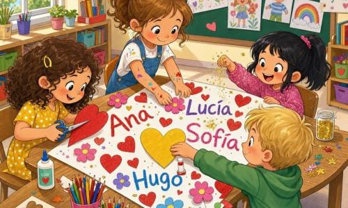 Hay cuatro niños: Ana, niña de 6 años, pelo castaño rizado, con vestido amarillo de lunares blancos, sentada a la izquierda cortando un gran corazón rojo con tijeras y sonriendo; Lucía, niña de 6 años, pelo castaño claro recogido con lazo rojo, de pie al centro detrás de la mesa pegando una flor de papel, con expresión traviesa y manos manchadas de pintura; Sofía, niña de 6 años, pelo negro en coletas, con suéter rosa brillante, sentada a la derecha esparciendo purpurina dorada sobre un nombre y riendo; Hugo, niño de 6 años, pelo rubio corto, pequeño, de pie al frente a la derecha pegando un corazón amarillo en el centro del cartel y mirando a los demás con orgullo. Están en un aula luminosa con grandes ventanas, mesas bajas de madera clara y materiales de manualidades por la mesa; los cuatro colaboran alrededor de una gran cartulina blanca llena de corazones rojos, nombres coloridos y flores de papel, en una escena alegre, táctil y colorida centrada en el cartel y las manos trabajando juntas.
