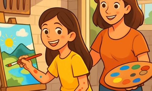 Una niña de 10 años, con largos cabellos castaños y ojos brillantes de alegría, está pintando un paisaje colorido en un lienzo. Lleva una camiseta amarilla brillante y un short de mezclilla, con salpicaduras de pintura en los brazos. A su lado, su madre, una mujer de unos 35 años, con cabello castaño y una sonrisa cálida, la anima sosteniendo una paleta de colores vivos. Están en un garaje convertido en estudio de arte, lleno de pinceles, lienzos y botes de pintura. La luz del sol entra por una ventana, iluminando el espacio de manera alegre. La escena principal muestra a la niña concentrada y entusiasta, creando una obra de arte inspirada en su verano lleno de aventuras.