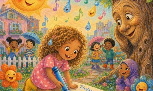 Una bambina di 6 anni, gioiosa e meravigliata, occhi grandi, capelli ricci color miele, vestito rosa a pois e stivaletti gialli, tiene una grande matita magica blu e scrive su un foglio steso per terra; un sole antropomorfo sorridente con guance rosate fa l'occhiolino, gocce di pioggia melodiose formano note colorate intorno a lei, un grande albero parlante si china come per sussurrarle una storia e fiori sorridenti costeggiano il prato: giardino urbano incantato con sentiero lastricato, recinto bianco, casa pastello e cielo sfumato arancio-blu, atmosfera ludica e fiabesca mentre la bambina esprime un desiderio con la sua matita magica.