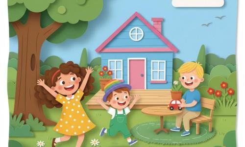Drei Kinder im sonnigen Garten vor einem blau‑rosa Haus: Mila, 6, braune lockige Haare, lachende Augen, gelbes Kleid mit weißen Punkten, springt im Vordergrund, leicht nach rechts gewandt; Tom, 7, kurze blonde Haare, heller Teint, blaues T‑Shirt und beige Hose, sitzt auf einer kleinen Bank nahe einem Grasfleck und schiebt eine rote Spielzeugauto, schaut zu Mila; Max, 3, kleiner Bruder mit kastanienbraunen Haaren, trägt einen regenbogenfarbenen Hut und grüne Latzhose, rennt zwischen Mila und Tom mit erhobenen Armen vor Freude; Holzterrasse mit Tisch und Bank, grüner Rasen mit Gänseblümchen, rundblättriger Baum links, rote und gelbe Blumen, heller Himmel mit wenigen weißen Wolken, fröhliche, bewegte Szene voller Komplizenschaft.