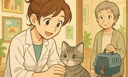 Veterinaria trentenne con capelli castani raccolti in chignon, volto dolce e sorriso rassicurante, guanti e mani posate delicatamente su Nocciola, un gattino grigio tigrato dagli occhi verdi seduto su un asciugamano morbido; proprietaria donna di circa 60 anni, capelli corti grigi e abbigliamento chiaro con un piccolo trasportino azzurro, in piedi vicino alla porta, un po' preoccupata ma paziente; un bambino di circa 6 anni con berretto a righe rosse e bianche conta pesci su un poster nella sala d'attesa visibile attraverso una grande finestra interna; la piccola clinica è calda e luminosa, tavolo d'esame metallico con tappetino pastello antiscivolo, pareti crema decorate con poster colorati e bacheca per bambini, lampade gialle sospese e piante in vaso, atmosfera serena e rassicurante che evoca cura e sicurezza.