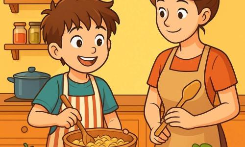 A ten-year-old boy, Leo, with messy brown hair and sparkling eyes full of curiosity, stands in the center of the kitchen. He wears a large striped apron that is a bit too big for him and smiles proudly while mixing ingredients in a big wooden bowl. Next to him, his mom, a woman in her thirties with brown hair tied in a bun, watches him encouragingly, holding a wooden spatula. The kitchen is warm and inviting, with bright yellow walls, shelves filled with colorful spice jars, and fresh vegetables arranged on the wooden countertop. Leo is preparing a pasta dish, with ingredients scattered around him, while a sweet aroma of tomatoes and herbs fills the air.