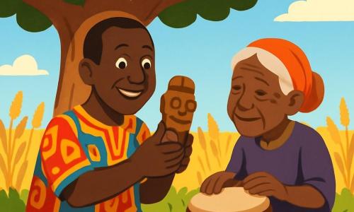 A man named Maaba, in his fifties, with a broad smile and gentle eyes, stands under a large baobab tree with thick green leaves. He wears a colorful tunic adorned with African patterns and holds a small wooden totem in his hands, gazing in wonder at the sculpture he has created. Next to him, an elderly woman, around 70 years old, with silver hair and a wrinkled face, sits on a small wooden stool, gently tapping a drum that produces warm sounds resonating in the air. The setting is a sunny clearing surrounded by golden millet fields swaying in the wind, with a bright blue sky and a few floating white clouds. The main scene shows Maaba, emotional and proud, sharing his story with the old woman, while the drum echoes, creating an atmosphere of memory and tradition in this peaceful setting.