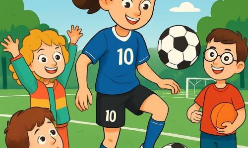 O tânără, Mara, este în centrul imaginii, cu părul brun prins în coadă de cal, un zâmbet cald și ochi strălucitori de determinare. Ea poartă un tricou de fotbal albastru cu numărul 10, pantaloni scurți negri și adidași albi. Este în timp ce jonglează cu o minge de fotbal, înconjurată de mai mulți copii admirativi. Ilinca, o fetiță de 8 ani cu părul blond creț și o jachetă colorată, își ridică brațele în aer cu entuziasm, pregătită să învețe. Lângă ea, un băiat de 9 ani, Alex, cu ochelari și un tricou roșu, ține o minge sub braț, cu ochii strălucind de excitație. Scena se desfășoară pe un teren de fotbal verde, cu linii albe bine definite și porți la capete. În fundal, se văd copaci și un cer albastru presărat cu nori albi. Mara, plină de energie și bucurie, le arată copiilor cum să dribleze mingea, în timp ce ei o observă atent, nerăbdători să reproducă gesturile ei.
