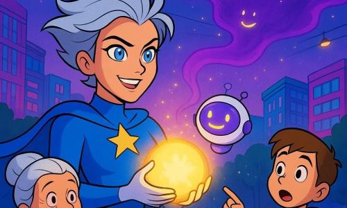 Nova Luminia este o supereroină, față hotărâtă și zâmbitoare, ochi albastru-argintiu, păr scurt argintiu băgat în vânt, ținând între mâini o bilă de lumină aurie pulsatoare care îi luminează fața; un mic robot-IA numit PIP, dronă rotundă violet-albă cu ecran ce afișează un zâmbet, plutește lângă umărul ei drept și privește norul; o femeie în vârstă de 70 de ani, păr alb în coc, stă pe o bancă în parc în prim-plan stânga, cu gura deschisă de surpriză și mâna la inimă; un băiat de 8 ani cu păr brun scurt și rucsac în prim-plan dreapta indică norul; scena are loc pe piața mare din fața primăriei de sticlă și metal, cu clădiri neon roz și albastre în fundal și linii de tramvai suspendate sclipind; un nor violet strălucitor coboară din cer ca o plapumă satinată, părând să aspire scântei și zâmbete desenate în jurul locuitorilor; acțiunea principală: Nova concentrează lumina într-un scut rotund translucid care respinge norul violet, contrast puternic și dramatic între aur cald și voalul violet, stil culori saturate și contururi clare specifice desenelor animate din anii '90.