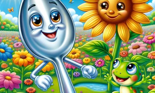 In the center of the image, a small shiny metal spoon named Sammy is joyfully dancing in a colorful flower field. Sammy has sparkling eyes and a radiant smile, with silver reflections shimmering in the sunlight. To his right, a large smiling yellow sunflower leans toward him, its petals vibrant with joy. It has round eyes and a friendly face, seeming to encourage Sammy to dance with it. To his left, a small green frog with brown spots is happily jumping on a lily pad, splashing water around. It has a mischievous look and seems to be laughing, adding to the festive atmosphere. The setting is a beautiful enchanted garden filled with bright flowers, fluttering butterflies, and a clear blue sky dotted with fluffy clouds. The sun shines, creating a warm and joyful ambiance. The main scene shows Sammy the spoon dancing with his new friends, the flower and the frog, celebrating their friendship in this magical place filled with laughter and happiness.