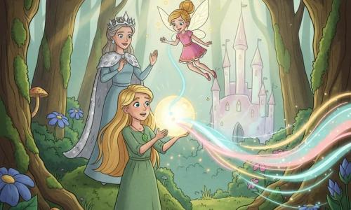 A small fairy named Sparkle with a joyful face, sparkling eyes and translucent leaf-shaped wings hovers above a glowing Orb emitting golden sparks while 10-year-old Lily, long blond hair and a green linen dress, stands in the center of a forest glade holding the Orb with a relieved, awed expression; behind her on a small mound the elegant Fairy Queen with a silver petal crown and crystalline cape raises her hands in blessing; Lily’s leaf-shaped pendant sends a blue thread of light linking the Orb to Sparkle, ancient knotty trees, emerald moss, glowing mushrooms and giant blue-violet flowers surround the clearing, a translucent crystal castle reflects pink and green halos in the background, and together Sparkle and Lily restore magic as warm, colorful light waves spread through the forest.