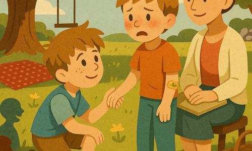 An 8-year-old boy, Tommy, round freckled face, messy light brown hair, brave gentle expression, crouches reaching out to comfort his classmate; another 8-year-old, Lucas, pale with slightly red eyes and a small dinosaur plaster on his forearm, stands clumsily relieved to confess that he climbed the tree to retrieve a kite and was hurt; Mrs. Reed, a woman teacher in her 30s–40s with brown hair in a bun and a calm, understanding smile, sits on a small stool with a beige notebook on her lap; other children sit in a colorful circle, a picnic blanket, checkered throws and a wicker basket on grassy ground under a large oak with dappled shade, warm colors, crisp shapes and layered paper textures capture the tense but soothing moment of confession and Tommy’s support.