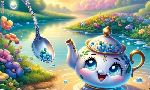 An illustration depicts a small porcelain teapot with a shiny body adorned with dancing blue flowers. It has sparkling eyes of curiosity and a radiant smile, standing near an enchanted river, marveling at its reflection in the water. Nearby, an old silver spoon with a twisted handle and a wise expression observes the teapot with a benevolent smile, as if sharing a precious secret. The main setting is a shimmering river surrounded by colorful flowers and lush greenery under a pastel sky at sunset, creating a magical and peaceful atmosphere. The main scene shows the teapot discovering its reflection in the water, realizing that happiness lies within itself and in the love of its friends, while the wise spoon encourages it to understand this truth. Additional graphic elements include floating light bubbles around the teapot, flowers dancing in the breeze, and vibrant colors evoking joy and discovery.