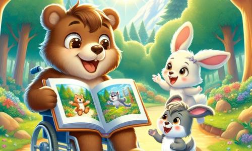 Um jovem urso chamado Beto, com pelagem marrom suave e olhos brilhantes de alegria, está sentado em sua cadeira de rodas, sorrindo amplamente enquanto mostra um grande livro ilustrado a seus amigos. Ao seu lado, um pequeno lobo chamado Leco, com pelagem cinza brilhante e uma expressão de empolgação, aponta para uma imagem no livro, em pé sobre suas patas traseiras. Não muito longe, uma coelhinha chamada Nina, com longas orelhas e pelagem branca brilhante, salta de alegria, seus olhos brilhando de entusiasmo, pronta para compartilhar suas ideias para uma nova aventura. A cena acontece em uma clareira ensolarada da floresta encantada, cercada por árvores majestosas com folhas verdes vibrantes e flores coloridas espalhadas pelo chão. Os raios de sol filtram-se através dos galhos, criando uma atmosfera acolhedora. A situação principal mostra Beto e seus amigos discutindo alegremente suas ideias para criar um jogo inclusivo, ilustrando a beleza da amizade e da inclusão em um ambiente natural encantador.