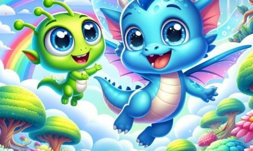 Ein kleiner blauer Drache namens Zippy mit glänzenden Schuppen und funkelnden Augen fliegt lachend am Himmel, während seine kleinen durchsichtigen Flügel schnell schlagen. Neben ihm schwebt ein kleiner grüner Außerirdischer namens Glibber mit großen leuchtenden Augen und einem freundlichen Lächeln, der von der Schönheit der Landschaft begeistert ist. Sie befinden sich über einem weitläufigen verzauberten Garten, gefüllt mit bunten Blumen, die in der Sonne funkeln, und Bäumen mit spiralförmigen Stämmen. Die Hauptsituation zeigt Zippy und Glibber, die zusammen spielen, lachen und im Nebel tanzen, während ein strahlender Regenbogen hinter ihnen erscheint und ihrem Abenteuer einen magischen Touch verleiht.