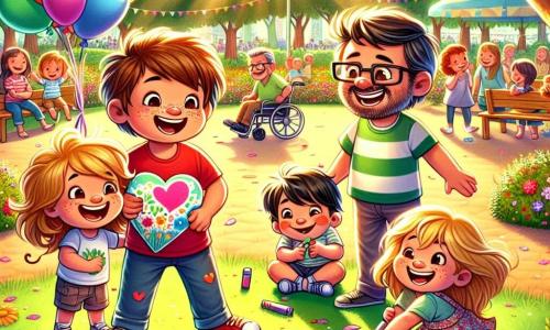 En un parque soleado, cuatro niños se reúnen para celebrar el Día del Padre. Lucas, un niño de seis años con cabello castaño desordenado y una camiseta roja, sonríe alegremente sosteniendo una gran tarjeta colorida. A su lado, Sofía, una niña de seis años con cabello largo y rubio, lleva un vestido de flores y dibuja corazones en el suelo con tizas. Mateo, un niño de seis años con gafas y cabello negro, salta de alegría, vestido con una camiseta azul y un short. Finalmente, Pablo, un niño de seis años en silla de ruedas, sonríe ampliamente y sostiene un cartel que dice "¡Bravo, Papá!", vestido con una camiseta verde. El parque está lleno de globos coloridos, familias riendo y jugando, con árboles verdes y flores brillantes que bailan al viento. Al fondo, hay un escenario para un concurso de baile, donde los papás se divierten bailando con sus hijos. La escena principal muestra a Lucas y sus amigos animando al papá de Lucas, el señor Pérez, que baila alegremente entre risas y aplausos, creando un ambiente festivo y lleno de felicidad.