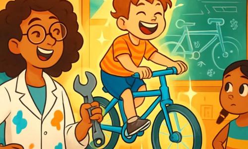 Sofia, uma inventora de cabelos cacheados e óculos redondos, sorri entusiasticamente em seu laboratório. Ela usa um jaleco branco manchado de tinta e segura uma chave inglesa, olhando com orgulho para uma linda bicicleta flutuante que brilha sob a luz do sol. Ao lado dela, Lucas, um menino de 8 anos com cabelo despenteado e uma camiseta listrada, ri alegremente enquanto experimenta a bicicleta, seus olhos brilhando de excitação. Ana, uma menina de 7 anos com tranças e um vestido colorido, observa atentamente, com as mãos na cintura, pronta para compartilhar sua própria ideia de invenção. O laboratório está cheio de máquinas estranhas, planos desenhados em quadros e cores vibrantes, com engrenagens girando e luzes piscando. Prateleiras transbordam de livros e ferramentas, criando uma atmosfera mágica e inspiradora. A cena principal mostra Sofia e as crianças testando a Cicloflutua, a bicicleta flutuante, em meio a risadas e descobertas, simbolizando a alegria da invenção e da criatividade.