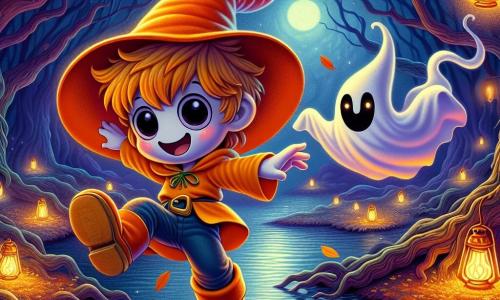 Bolota, um pequeno duende com um gorro laranja brilhante e botas cor de pêssego, exibe um grande sorriso curioso em seu rosto travesso. Ele está dançando alegremente à beira do lago Nebuloso, cercado por lanternas flutuantes que brilham na noite escura. Ao seu lado, Pipoco, um fantasminha com um lençol branco amassado e olhos cintilantes, flutua no ar, mostrando uma expressão divertida e travessa. O cenário é uma floresta encantada, onde árvores de troncos tortuosos estão adornadas com teias de aranha brilhantes sob a luz da lua. Folhas douradas caem suavemente, adicionando um toque mágico à atmosfera de Halloween. A cena principal mostra Bolota e Pipoco se preparando para explorar a floresta, cheios de empolgação e curiosidade, prontos para descobrir os mistérios e tesouros escondidos desta noite especial.