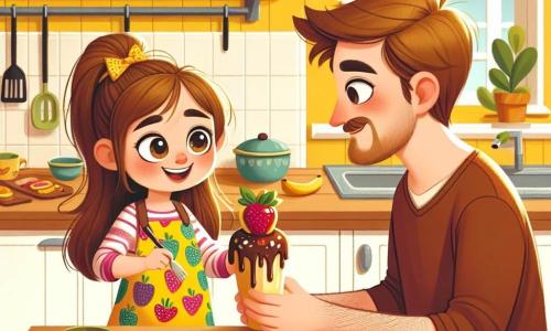 Uma menina de 6 anos, Ana, com longos cabelos castanhos e olhos brilhantes de alegria, está em uma cozinha bagunçada, com um grande sorriso no rosto. Ela usa um avental colorido com estampas de frutas e segura uma banana decorada com chocolate, orgulhosa de sua criação. Ao lado dela, seu pai, um homem de cerca de 30 anos, com cabelos castanhos e uma leve barba, observa a cena com um sorriso divertido, seus olhos brilhando de ternura. Ele está sentado à mesa, pronto para saborear o café da manhã surpresa da filha. A cozinha é iluminada e acolhedora, com paredes amarelas ensolaradas, uma mesa de madeira com pratos coloridos e respingos de suco de laranja no chão, testemunhando o esforço de Ana. A cena principal mostra Ana apresentando orgulhosamente seu café da manhã ao pai, ambos cheios de alegria e amor, em um ambiente caloroso e familiar, ilustrando a magia do Dia dos Pais.