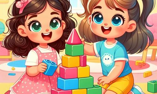 A 2-year-old girl named Anna, with big bright eyes and curly hair, joyfully smiles while stacking colorful blocks. She wears a pink dress with white polka dots and looks excited, her cheeks flushed with enthusiasm. Next to her, her best friend Mia, also 2 years old, has smooth black hair tied in two small pigtails. She wears a blue t-shirt and yellow shorts, raising her arms in the air, ready to add a blue block to the tower they are building together. The scene takes place in a bright room with pastel yellow walls. The floor is covered with a soft, fluffy carpet, and colorful toys are scattered around them, creating a joyful and welcoming atmosphere. Anna and Mia are building a tall block tower, but it has just collapsed, and they burst into laughter, ready to start their game again.