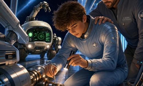 A young man (Jonah), focused and calm, tousled brown hair, wearing a pale blue lightweight spacesuit with silver insignia, kneels by a docking arm examining a small blackened metal burr; he holds a slim lamp and a precision tool, determined gaze. An adult engineer (≈40), short beard, gray technical jacket, stands slightly behind to the right with a hand on Jonah’s shoulder in a reassuring, respectful manner. A compact rover named Hestia with cream metallic shell and green lit screens is parked behind them, articulated arm raised and small headlights on. Setting: narrow space docking platform with glass and polished metal walls, twisted cables, aligned cylindrical magnets, scorched plates and slag fragments, distant starry black space with a pale blue solar sail ribbon. Main situation: precise nighttime repair — Jonah cleans a carbonized weld that misaligned a magnet, focused light on the hand and burr, technical silence and cooperation, sharp details, shiny metal textures and soft reflections, palette of deep blues, silver grays and warm orange near the heat spot.