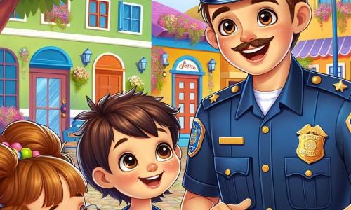 O personagem principal é um policial, o Sr. João, com um uniforme azul brilhante e um bom chapéu. Ele tem um grande sorriso acolhedor e olhos brilhantes de alegria, enquanto se inclina levemente para frente para falar entusiasticamente com as crianças. Entre os personagens secundários, está Ana, uma menina de 8 anos com cabelos castanhos e tranças, que escuta atentamente, com os olhos arregalados de admiração. Lucas, um garoto de 9 anos com óculos e cabelos loiros bagunçados, está ao lado dela, segurando um lápis e um caderno de desenho, pronto para anotar os conselhos do policial. A cena acontece em uma charmosa praça da cidade de Alegria, cercada por prédios coloridos, flores vibrantes e uma grande árvore no centro, onde as crianças se reuniram. O Sr. João explica às crianças a importância da segurança, incentivando-as a desenhar cartazes para conscientizar seus colegas, criando uma atmosfera alegre e colaborativa.