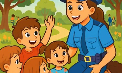 O tânără, Mara, poartă un uniformă de poliție albastră strălucitoare, cu o curea plină de unelte. Are un zâmbet cald și ochi strălucitori de excitație, în timp ce se apleacă lângă un grup de cinci copii curioși. Printre ei, un băiat de 8 ani, cu părul brun zbârlit și un tricou roșu, ridică mâna pentru a pune o întrebare. Lângă el, o fetiță de 7 ani, cu codițe și o rochie cu flori, o privește pe Mara cu ochi uimiți. Scena se desfășoară într-un parc însorit, plin de arbori verzi luxurianți și flori colorate. Copiii se joacă în depărtare, în timp ce familiile se plimbă pe poteci. Mara explică cu entuziasm rolul ei de polițistă, înconjurată de copii captivați de poveștile ei, creând o atmosferă veselă și captivantă.