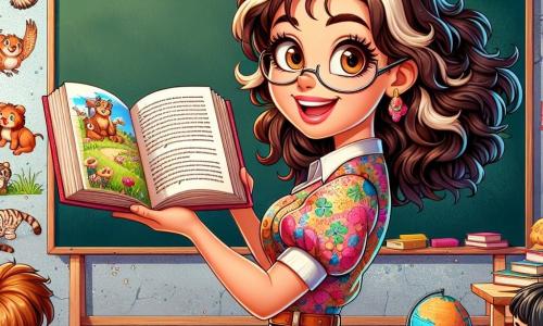 La scena mostra Sofia, una giovane donna dai capelli castani e ricci, che indossa una camicia colorata e un sorriso radioso sul volto. È in piedi davanti a una lavagna nera, tenendo un grande libro illustrato aperto, con gli occhi che brillano di entusiasmo mentre legge ad alta voce. Accanto a lei c'è Marco, un ragazzo di 8 anni con capelli crespi e un grande sorriso, che l'ascolta attentamente, gli occhi spalancati per meraviglia. Più lontano, Giulia, una ragazza di 7 anni con occhiali colorati e trecce, alza la mano per fare una domanda, il volto illuminato dalla curiosità. L'illustrazione si svolge in un'aula luminosa, con pareti dipinte di colori vivaci, disegni di animali e mappe del mondo appese, e una grande lavagna nera sullo sfondo. Libri e materiale scolastico sono sparsi sui tavoli di legno. La situazione principale mostra Sofia che cattura l'attenzione dei suoi alunni facendoli vivere un viaggio immaginario attraverso le pagine del suo libro, mentre i bambini, meravigliati, si immaginano in mondi fantastici.