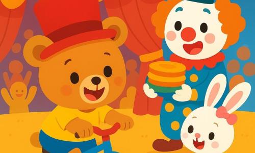 A teddy bear named Benny, wearing a large red hat and a joyful smile, is on a small bike. His eyes shine with excitement as he tries to keep his balance. Next to him, a rabbit named Rosie, with long soft ears, is rolling a ball with her nose, laughing enthusiastically. She has bright white fur and wears a small pink bow on her head. A clown named Coco, with a white-painted face and a big red nose, holds a stack of colorful pies. He looks surprised and amused, just behind Benny, ready to make a joke. The setting is a vibrant circus scene, adorned with sparkling lights and colorful banners, with a cheerful audience in the background. The main situation shows Benny pedaling on his small bike, trying not to fall, while the other characters laugh and have fun around him in a festive and joyful atmosphere.