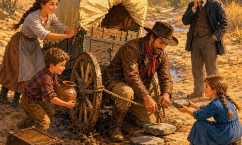 Bram is een volwassen man, kalm en waardig, serein gezicht met korte baard, laag gedragen bruine cowboyhoed, versleten leren jas en rood sjaaltje; hij knielt bij een vastgelopen kar, bindt een stevige touw en legt een platte steen onder het wiel. Een volwassen vrouw (moeder), opgelucht kijkend met glanzende ogen en gevlochten haar, stoffige eenvoudige jurk, duwt van achteren aan de kar en staat links. Een jongen van circa 8 jaar, kort haar en geruit hemd, draagt een kleine aardewerken kruik en staat voor de kar bij de wielen. Een meisje van circa 6 jaar, blauwe jurk en staartjes, reikt een steen aan Bram en staat rechts dicht bij de grond. Silas, een volwassen man met een lichte snor en ietwat glanzend jasje, staat wat opzij rechts en kijkt bedachtzaam toe. Plaats: droog zandriviertje met vergeelde salie en enkele magere wilgen en platte keien; een omgevallen houten kist met potten en opwaaiend stof; late namiddaglicht met warme oranje tinten en lange schaduwen. Hoofdscène: teder, concreet samenwerkend moment waarbij ze de kar uit het slijk trekken door stenen als tredes te leggen en zacht te trekken aan het touw, warme sfeer en precieze gebaren, focus op knopen en opkomende wielen. Visuele stijl: acrylschildering met textuurrijke penseelstreken, verzadigde kleuren, zachte contrasten, duidelijke lijnen en eenvoudige vormen voor een kinderlijke maar gedetailleerde uitstraling.