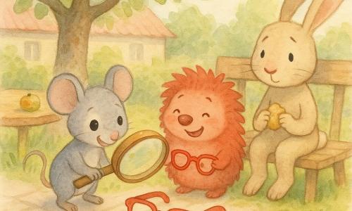 Pip, een klein grijs muisje met glanzende ogen, houdt een vergrootglas voor twee brillen op het trottoir; Kroepoek, een mollige roodbruine egel, kijkt blij naar een rode bril met een jamvlek op het montuur; Boris, een beige konijn met grote hangende oren, zit op een houten bank en houdt een koekkruimel; op de grond ligt een blauwe bril met een vingerafdruk en wat kruimels; zonnige dorps tuin met een grote appelboom, zachte aquarel pasteltinten, warme, nieuwsgierige en geruststellende sfeer gericht op het zoeken naar de brillen en het delen van een koekje.