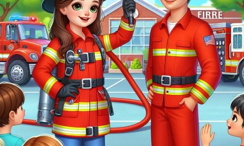 Im Zentrum des Bildes steht Lena, eine junge Feuerwehrfrau, mit einem breiten Lächeln im Gesicht, das ihre Entschlossenheit und Freude zeigt. Sie trägt einen leuchtend roten Anzug, einen glänzenden Feuerwehrhelm und schwarze Handschuhe. Ihre braunen Haare sind zu einem Pferdeschwanz gebunden, und sie hält selbstbewusst einen Feuerwehrschlauch, bereit, den Kindern zu zeigen, wie man ihn benutzt. Neben ihr steht Max, ein Mann in den Dreißigern, mit einem freundlichen und ermutigenden Blick. Auch er trägt einen Feuerwehranzug und einen Helm und steht leicht im Hintergrund, stolz auf Lena. Im Hintergrund versammelt sich eine kleine Gruppe von Kindern im Alter von 6 bis 10 Jahren. Tim, ein 8-jähriger Junge in einem roten T-Shirt, hebt die Hand, um eine Frage zu stellen, während Anna, ein 7-jähriges Mädchen mit Zöpfen, Lena bewundernd anblickt, mit leuchtenden Augen vor Aufregung. Der Ort ist das Gelände eines großen, bunten Feuerwehrgebäudes, neben dem rote Feuerwehrfahrzeuge geparkt sind. Der Himmel ist blau und sonnig, und grüne Bäume umgeben das Gebäude, was eine fröhliche und einladende Atmosphäre schafft. Die Hauptsituation zeigt Lena, die demonstriert, wie man einen Feuerwehrschlauch benutzt, während die Kinder ihr aufmerksam zuhören, gefesselt von ihrem Enthusiasmus und ihrer Expertise.