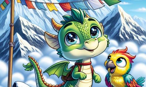 Fladder, een kleine draak met glanzende groene schubben en nieuwsgierige ogen, staat op de majestueuze Mount Everest, met zijn vleugels uitgespreid en een glimlach op zijn gezicht, verwonderd door het spectaculaire uitzicht voor hem. Naast hem vliegt Kiki, een blije papegaai met kleurrijke veren, met een ondeugende blik en een enthousiaste uitstraling, om Fladder heen en wijst met haar snavel naar de kleurrijke vlaggen die in de wind wapperen. Het landschap is adembenemend: besneeuwde toppen schitteren in de zon, terwijl witte wolken lijken op zachte kussens beneden. De frisse, zuivere lucht en een lichte bries laten de vlaggen dansen. Fladder en Kiki, vol verwondering, bewonderen de schoonheid van de wereld om hen heen en vieren hun vriendschap en avontuur op de hoogste berg ter wereld.