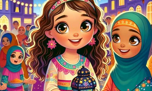 Una ragazza di 10 anni, Sofia, con i capelli castani ondulati e un grande sorriso meravigliato, si trova al centro dell'immagine, tenendo una lanterna colorata decorata con motivi stellati. Indossa un vestito leggero dai colori vivaci, adornato di fiori. Accanto a lei, Amina, una ragazza di 10 anni con occhi scintillanti e pelle color caramello, sorride gioiosamente, tenendo un piatto di datteri tra le mani. Si trovano in una strada animata, illuminata da lanterne scintillanti, dove famiglie si riuniscono attorno a tavoli decorati con piatti colorati. La scena emana un'atmosfera festosa e calorosa, con risate e voci che riempiono l'aria. Le lanterne brillano nel cielo del crepuscolo, creando un'atmosfera magica e conviviale, simboleggiando la gioia del Ramadan.