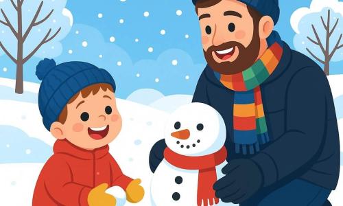 Un bambino di 2 anni, Mattia, con guance rosa e occhi brillanti, è seduto nella neve, ridendo con meraviglia. Indossa un cappotto rosso vivo, un berretto di lana blu e guanti gialli, le sue piccole mani sono piene di neve. Accanto a lui, suo padre, un uomo di circa trent'anni, con una barba morbida e un sorriso caloroso, costruisce un pupazzo di neve, vestito con un piumino nero e una sciarpa colorata. Il paesaggio è un magnifico parco invernale, con alberi coperti di neve scintillante, un cielo azzurro chiaro e fiocchi di neve che cadono dolcemente. In lontananza, colline bianche si stagliano sotto il sole invernale, creando un'atmosfera pacifica e gioiosa. La scena principale mostra Mattia che gioca con una palla di neve, gli occhi brillanti di gioia, mentre suo padre lo incoraggia a creare un pupazzo di neve, circondati da risate e magia invernale.