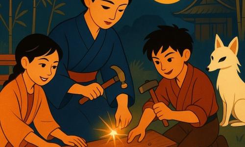 Aiko, donna adulta dai capelli neri raccolti in chignon, volto dolce e concentrato, in kimono indaco semplice, tiene in una mano un piccolo frammento luminoso (hoshi-ishi) avvolto in carta di riso e con l'altra inchioda una tavola, espressione determinata e serena; Kenji, ragazzo di circa 13 anni, capelli neri arruffati e maniche rimboccate, martella un chiodo alla destra di Aiko, energico e attento; Mei, bambina di circa 11 anni con treccia e haori leggero, lucida una tavola a sinistra sorridendo maliziosa; una kitsune bianca a nove code siede leggermente sullo sfondo sull'erba, occhi d'inchiostro brillanti, osserva calma; il piccolo tanuki Sumi, gioioso con occhi vivaci e cappuccio di foglie, sta vicino agli attrezzi curioso. Scena: piccolo giardino di villaggio davanti a un tempio al crepuscolo, terreno battuto, panche di legno consumate, bambù sullo sfondo, lanterne di carta sospese e luna piena dorata; tutti riparano collettivamente un vecchio pannello di legno: tavole consumate, chiodi scintillanti, trucioli a terra e la luce calda del frammento che filtra nel legno, atmosfera intima e collaborativa. Stile visivo: linee pulite e forme geometriche in chiave art déco, palette calda (ocra, indaco, rosso mattone) con accenti argentati sul frammento e sulla luna.