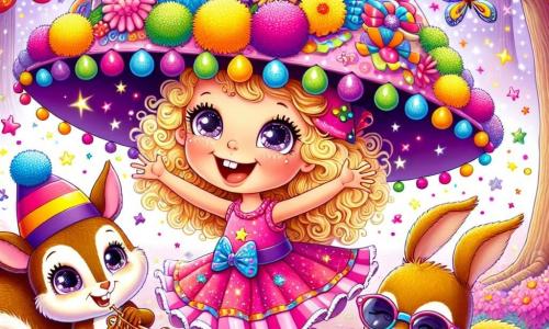 Mała dziewczynka, Zosia, ma 5 lat, wielkie, błyszczące oczy i kręcone, blond włosy. Nosząc ogromny, kolorowy kapelusz ozdobiony pomponami i cekinami, uśmiecha się z zachwytem, unosząc się w powietrzu, otoczona żywymi kolorami i magią. Obok niej wesoły królik w okularach przeciwsłonecznych z małą trąbką, który zdaje się grać wesołą melodię, oraz figlarny wiewiórka z psotnymi oczami, chrupiący orzechy, tańczą razem na dywanie wielokolorowych kwiatów. Scena rozgrywa się w magicznym lesie, gdzie drzewa są różowe, a kwiaty świecą jak gwiazdy, tworząc bajkową i radosną atmosferę. W centrum tej sceny Zosia, królik i wiewiórka bawią się razem, tańcząc i śmiejąc się, podczas gdy wielki, kolorowy motyl przelatuje nad nimi, dodając magii tej szalonej przygodzie.