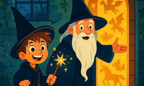 Un ragazzo di 8 anni, Marco, con capelli castani disordinati e occhi brillanti di eccitazione, indossa un lungo cappotto nero e un grande cappello a punta da mago. Sorride meravigliato, tenendo una bacchetta magica scintillante nella mano. Accanto a lui, il vecchio mago Merlino, un uomo anziano con una lunga barba bianca e un cappello nero, sorride calorosamente mentre mostra una porta segreta che brilla di una luce dorata. Il decor è una vecchia casa abbandonata, con muri di pietra coperti di edera, finestre rotte che lasciano passare la luce della luna e ragnatele che pendono negli angoli bui. All'interno, ombre danzano sul pavimento in legno consumato, creando un'atmosfera misteriosa e magica. La scena principale mostra Marco e Merlino pronti a entrare in un mondo incantato, con stelle scintillanti e creature fantastiche che aspettano dall'altra parte della porta.