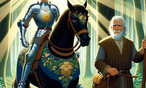 Al centro dell'immagine, Sir Alessandro, un giovane cavaliere di vent'anni, sta orgogliosamente sul suo cavallo nero di nome Fulmine. Ha capelli castani ondulati, occhi pieni di determinazione e indossa un'armatura lucente decorata con motivi floreali. La sua espressione è coraggiosa e risoluta mentre brandisce la spada, pronto a difendere il suo regno. Alla sua destra, Sir Gregorio, un vecchio cavaliere con la barba bianca di circa sessant'anni, osserva con un'espressione saggia e benevola. Indossa un'armatura consumata ma rispettata, tenendo un bastone di legno scolpito, simbolo del suo ruolo di mentore. Sullo sfondo, la foresta di Ombra si estende maestosa, con alberi alti e folti, le cui foglie di un verde splendente. I raggi di sole filtrano attraverso il fogliame, creando giochi di ombre e luci sul terreno coperto di fiori selvatici. La scena rappresenta il momento in cui Sir Alessandro, accompagnato da Sir Gregorio, si prepara a entrare nella misteriosa foresta alla ricerca della prima gemma magica, simboleggiando l'avventura e il coraggio di fronte all'ignoto.