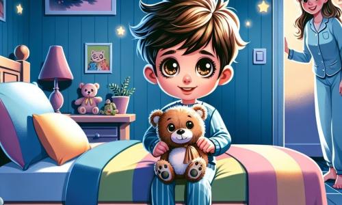 Un ragazzo di 5 anni, con grandi occhi marroni vivaci e capelli castani in disordine, è seduto sul suo letto, tenendo un orsacchiotto di peluche di nome Teddy. Il suo viso esprime curiosità e apprensione mentre guarda intorno alla sua camera buia, illuminata solo dalla dolce luce della luna che filtra dalla finestra. Accanto a lui, sua madre, una donna di circa trent'anni con lunghi capelli castani, sorride e lo rassicura, indossando un pigiama azzurro chiaro. La camera è decorata con pareti pastello, poster di animali e stelle brillanti sul soffitto. Il letto è coperto da un piumone colorato e giocattoli sono sparsi sul pavimento, creando un'atmosfera accogliente nonostante l'oscurità. La situazione principale mostra il piccolo che esplora coraggiosamente le ombre della sua camera, illuminata dalla luce della sua torcia, scoprendo che il buio può essere pieno di magia e misteri, trasformando la sua paura in un'avventura affascinante.