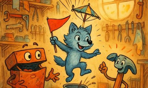 Un piccolo lupo antropomorfo grigio-azzurro, occhi rotondi e sorriso determinato, sta in piedi su una sedia da sartoria tenendo una bandiera rossa, entusiasta e leggermente goffo; a sinistra una grande cassetta degli attrezzi antropomorfa in metallo arrugginito ma lucente con i cassetti aperti come una bocca sorridente guarda benevola e tende braccia a pinza verso il lupo, a destra un martello dal manico di legno lucido con occhi disegnati e aria ottimista solleva una leva come per incoraggiare tra scintille di bricolage; la scena si svolge in una spaziosa officina di legno con scaffali pieni, utensili appesi, pezzi di stoffa, una grande finestra rotonda che diffonde luce dorata e un pavimento cosparso di trucioli e cuscini colorati; il lupo salta su un congegno artigianale (secchio come abitacolo, ombrello a vela e molti palloncini) verso il cielo interno dell'officina in una composizione dinamica dai colori caldi, tratti d'inchiostro contrastati e atmosfera gioiosa e inventiva.