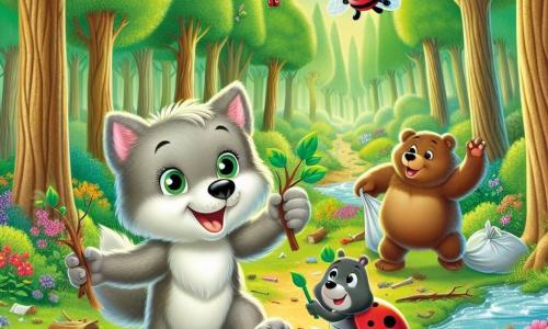 A little wolf named Wally, with soft gray fur and sparkling curious eyes, joyfully stands at the center of the scene, holding a small branch with green leaves. He has a big smile on his face, showing his enthusiasm for helping the forest. Next to him, Benny the Bear, a strong brown bear with a friendly look and rosy cheeks, picks up litter with a paw, displaying a focused expression. Lola the ladybug, small and red with black spots, happily flies above them, her shiny wings sparkling in the sun as she encourages her friends enthusiastically. The scene takes place in a lush forest, where tall trees with sturdy trunks rise towards the blue sky, surrounded by colorful flowers and a sparkling river flowing peacefully. Wally and his friends are cleaning the forest floor, picking up litter to make their home more beautiful and healthier while laughing and having fun together.